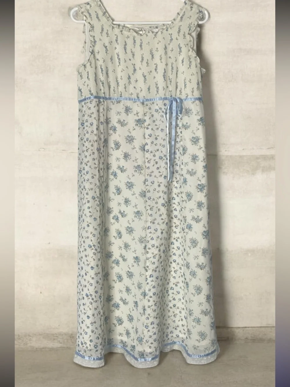 Vintage Canlemon Floral Midi Dress Cottagecore Lace Trim Blue White  - Size L
